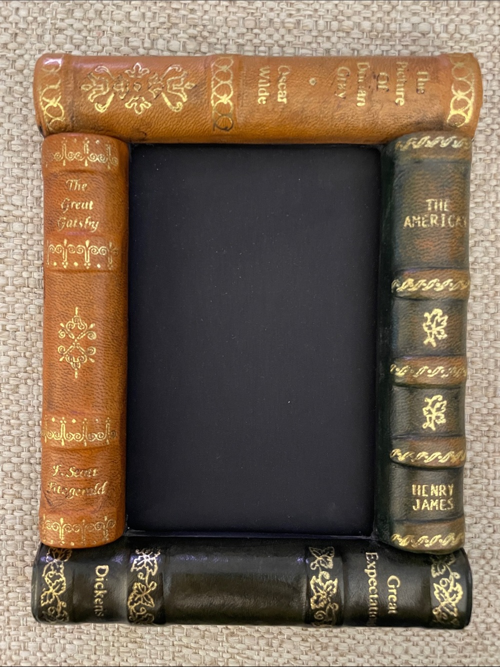 Faux Leather Book Spine Picture Frame in Tan, Green, and Black